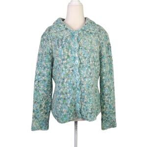 Vintage Y2K Amore Green and Blue Marled Fuzzy Knit Cardigan Sweater L